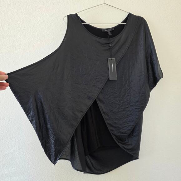 BCBGMAXAZRIA Elodie Black Asymmetrical Drape Top Women Size L Sleeveless Layered - Picture 2 of 10